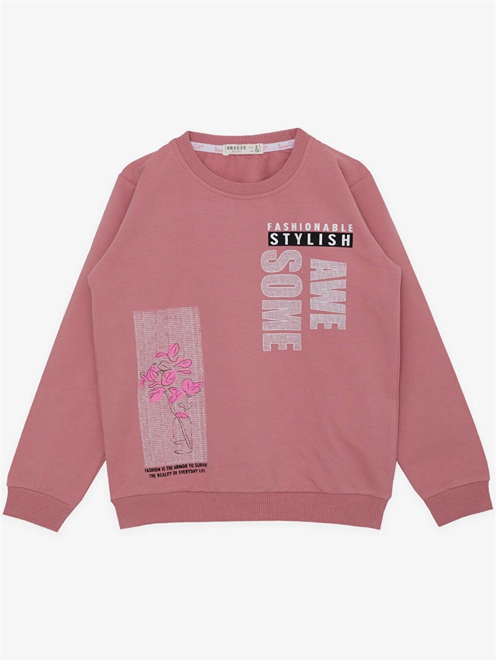 Breeze Pembe Bisiklet Yaka Baskılı Uzun Kollu Kız Çocuk Sweatshirt