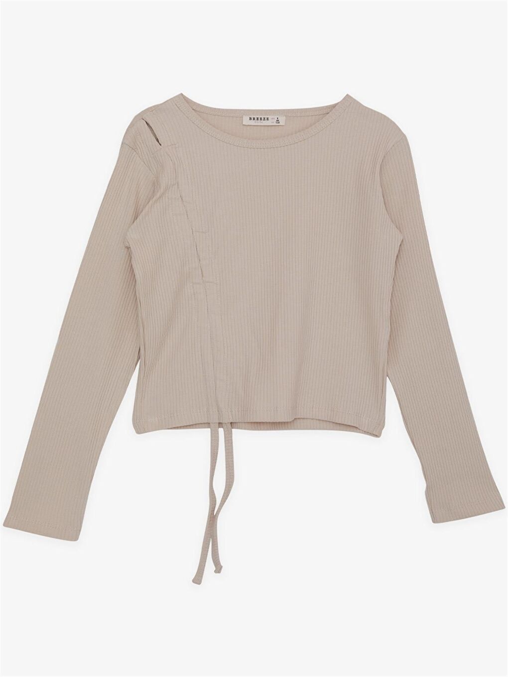 Bej Bisiklet Yaka Uzun Kollu Kız Çocuk Tişört