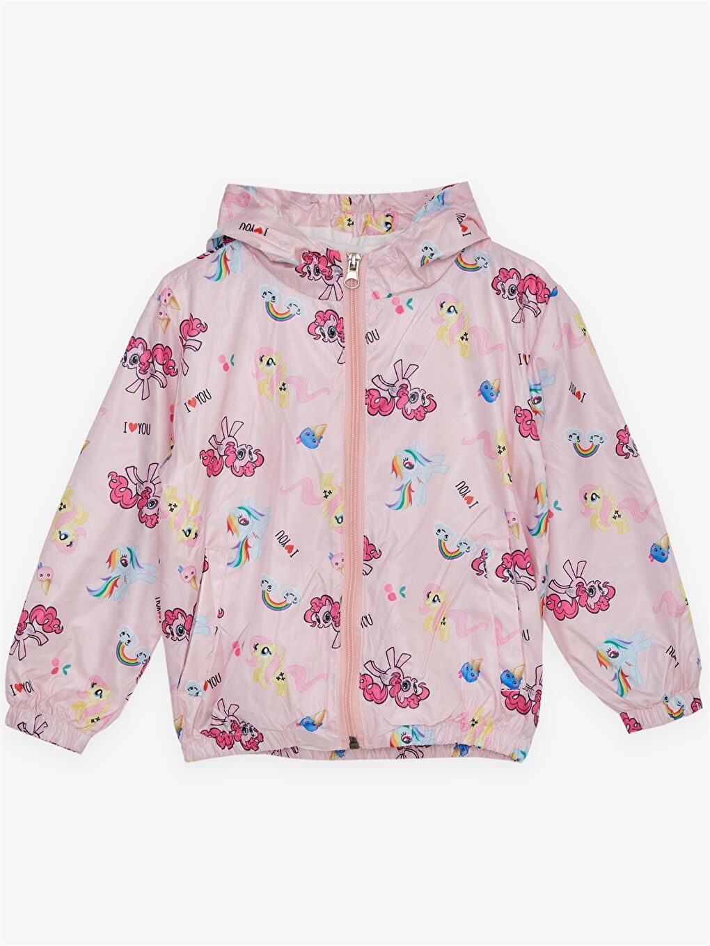Pembe Kapüşonlu Uzun Kollu Baskılı Kız Bebek Yağmurluk