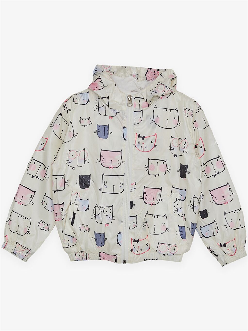 Ekru Kapüşonlu Uzun Kollu Baskılı Kız Bebek Yağmurluk