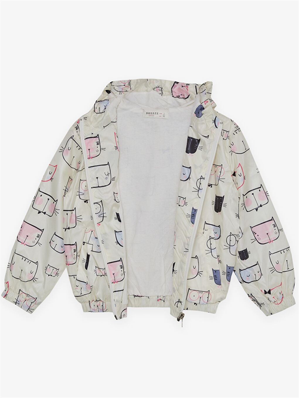 Ekru Kapüşonlu Uzun Kollu Baskılı Kız Bebek Yağmurluk-1