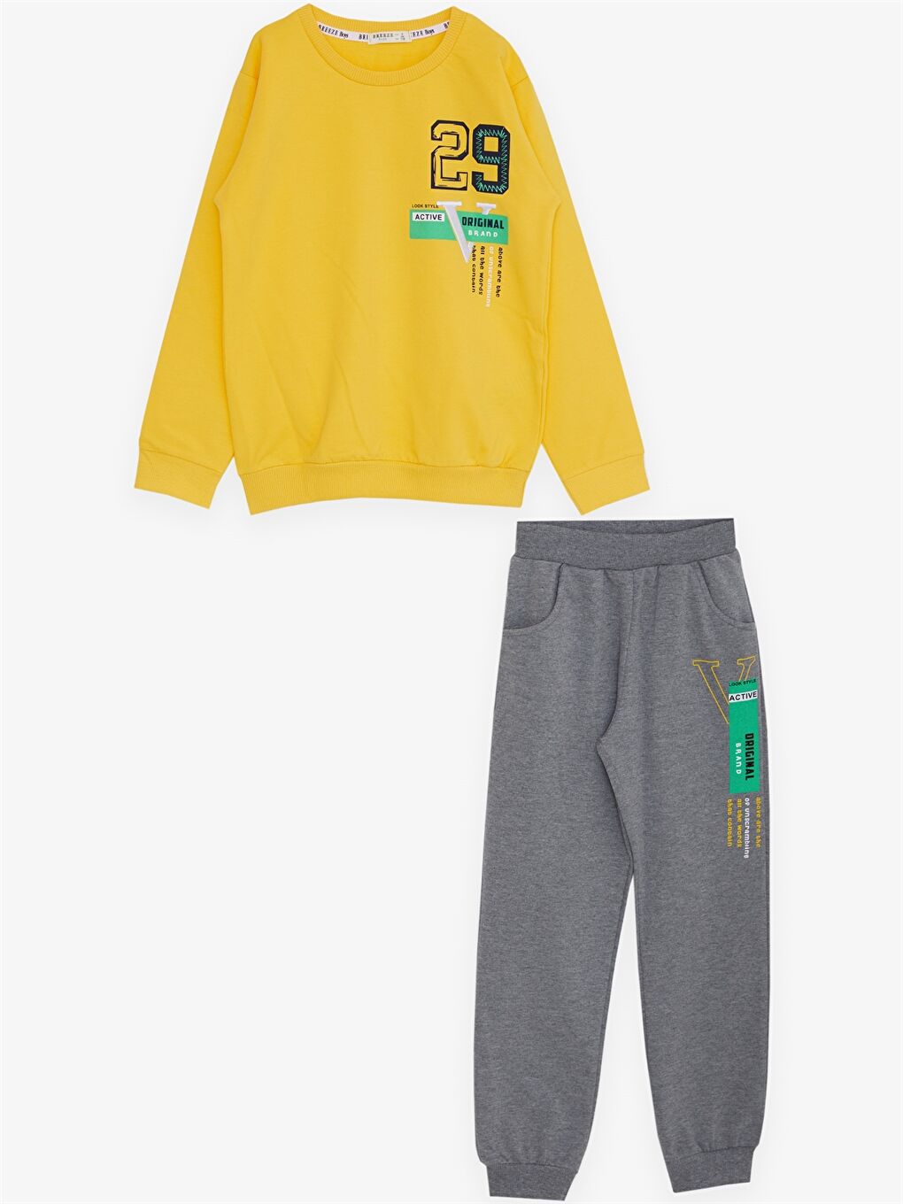 Sarı Bisiklet Yaka Baskılı Uzun Kollu Erkek Çocuk 2'li Takım