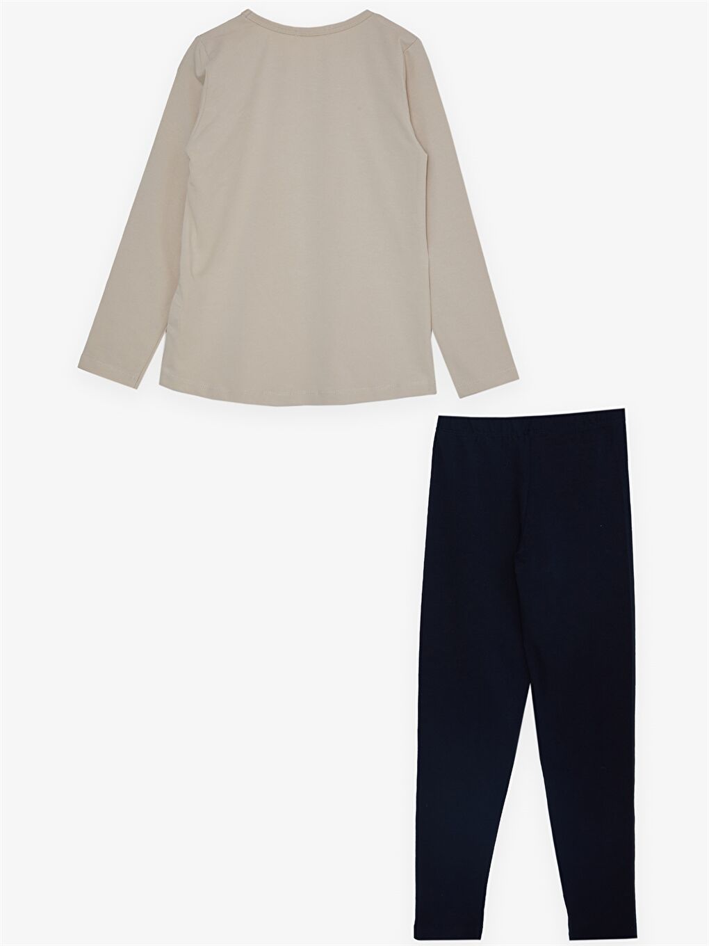 Bej Bisiklet Yaka Uzun Kollu Kız Çocuk 2'li Takım-1