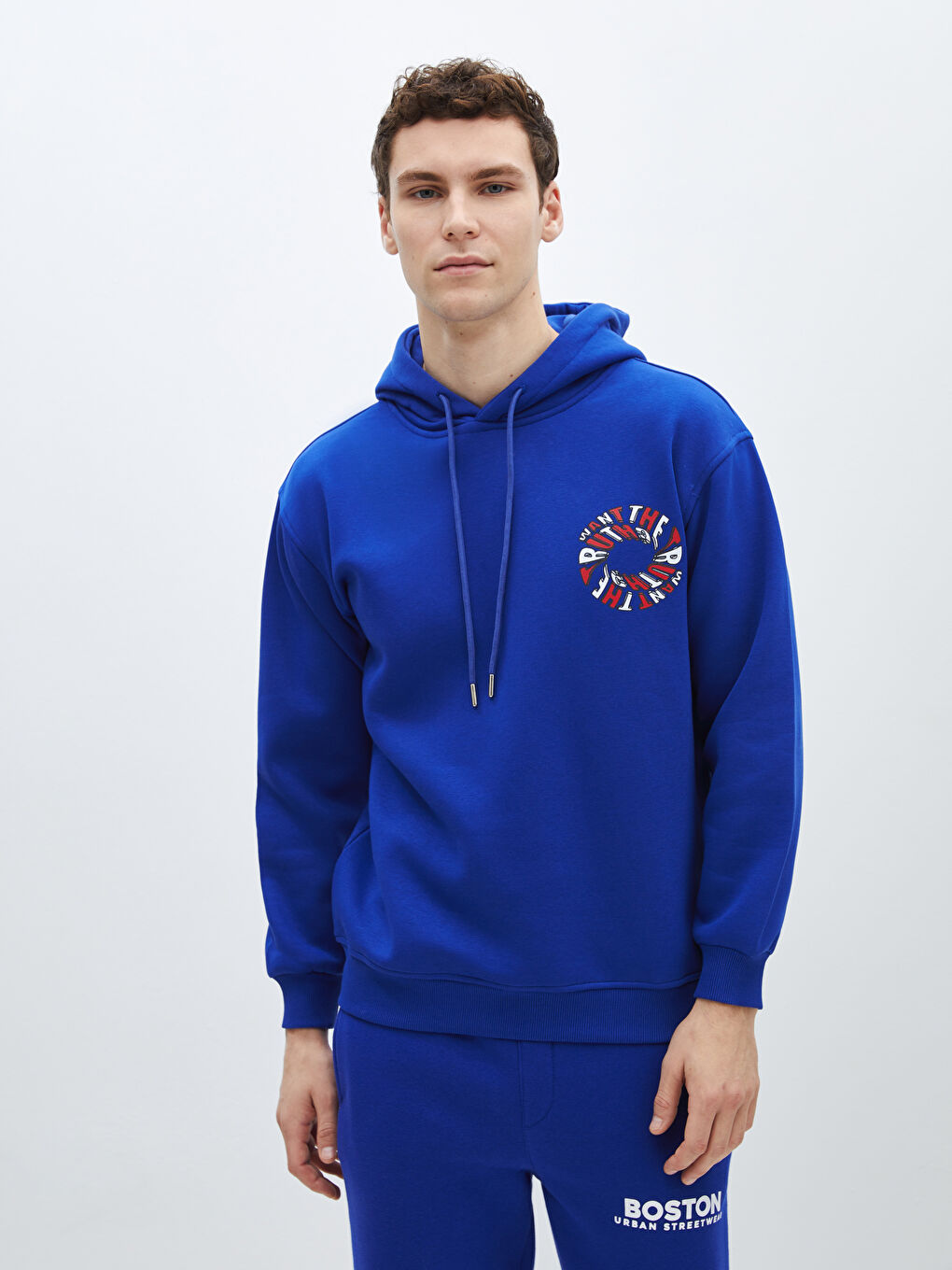 CALİMERA MODA Saks Mavi Uzun Kollu Baskılı Erkek Hoodie - 1