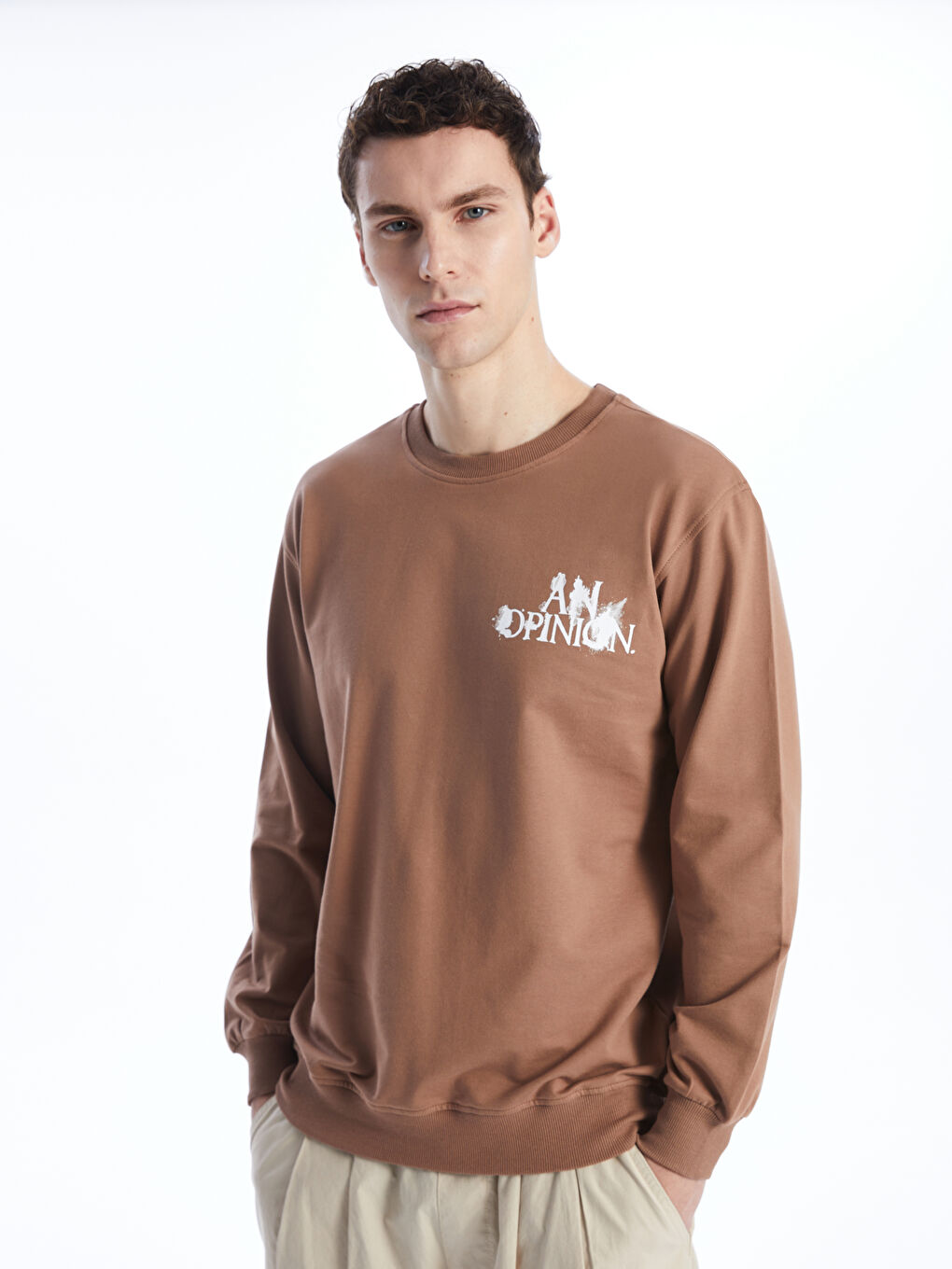 CALİMERA MODA Koyu Bej Bisiklet Yaka Uzun Kollu Erkek Sweatshirt