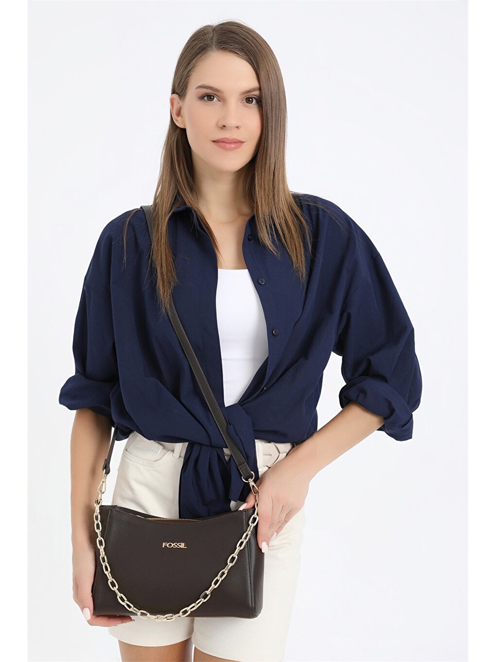 Kahverengi Deri Görünümlü Zincir Detaylı Kadın Omuz Çantası