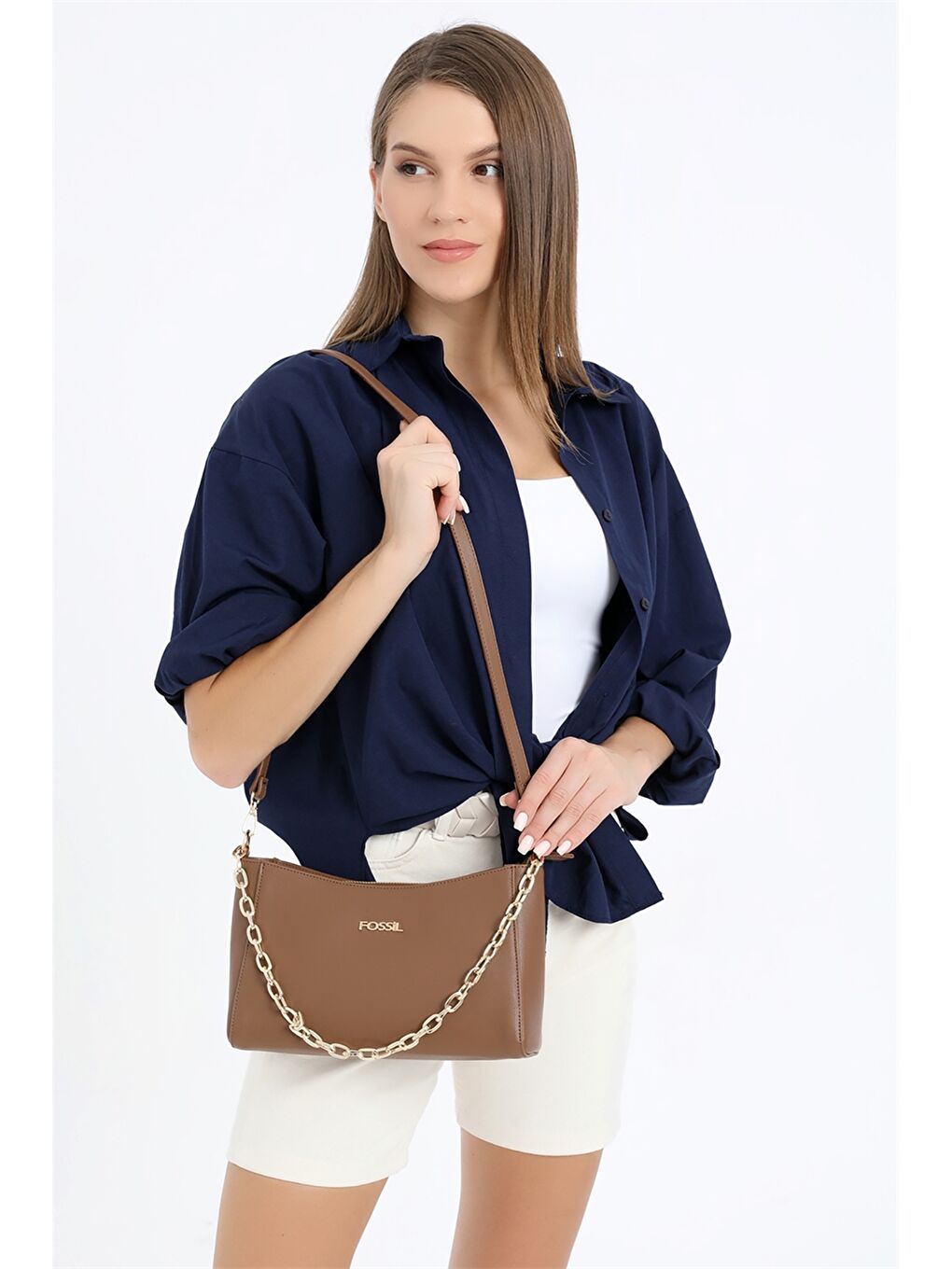 Kahverengi Deri Görünümlü Zincir Detaylı Kadın Omuz Çantası