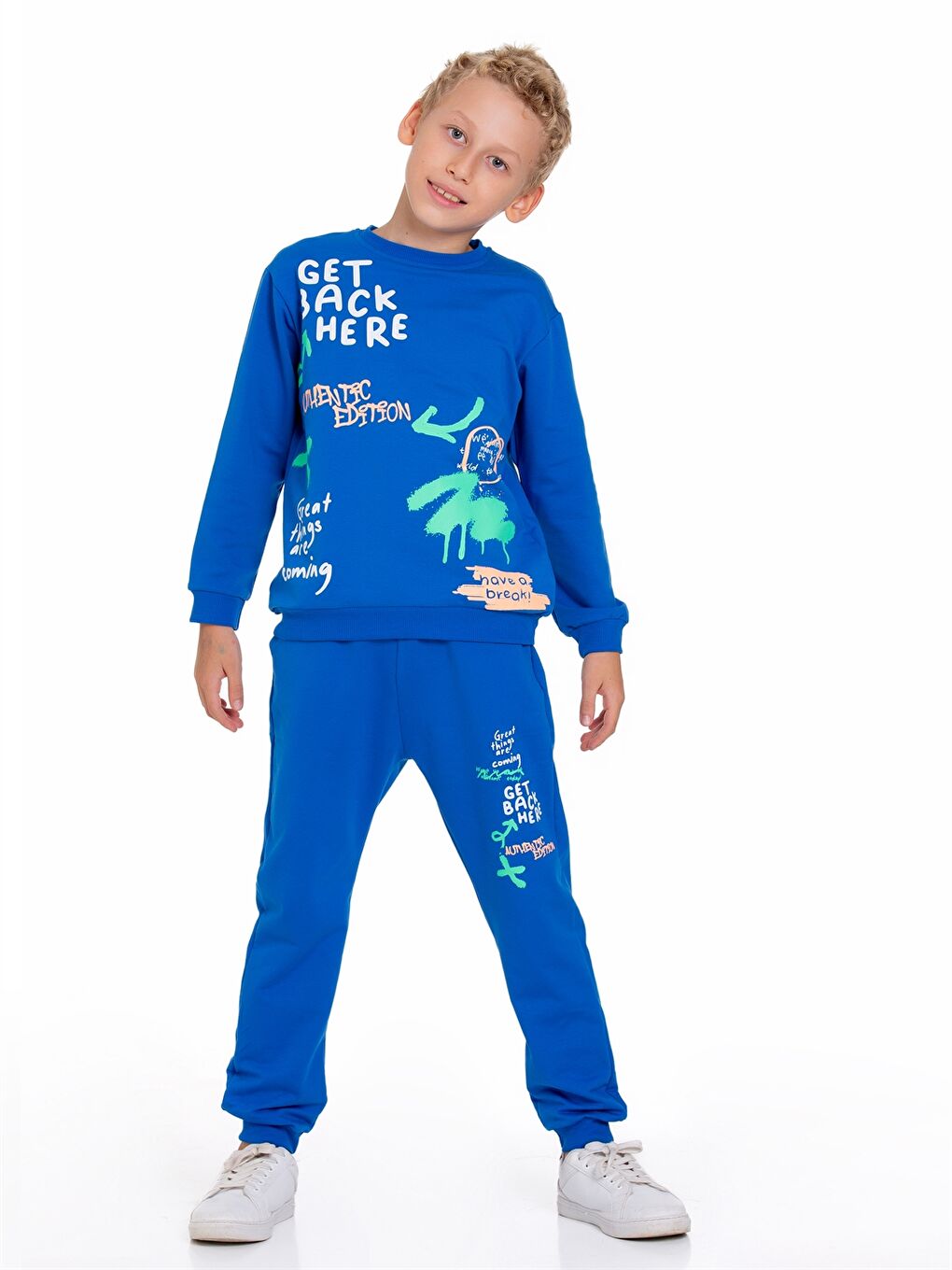 Mavi Bisiklet Yaka Baskılı Uzun Kollu Erkek Çocuk 2'li Takım