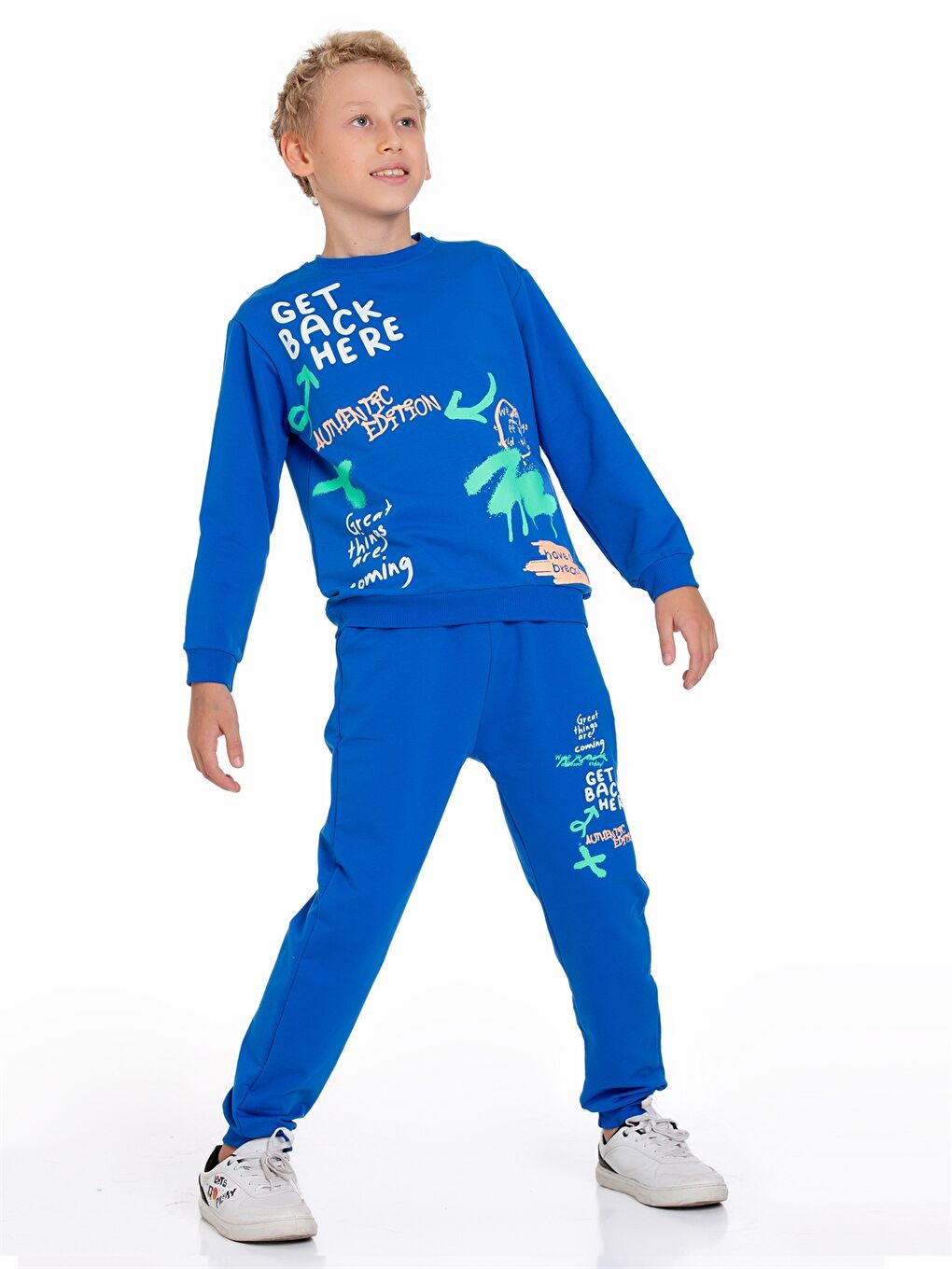 Mavi Bisiklet Yaka Baskılı Uzun Kollu Erkek Çocuk 2'li Takım-1