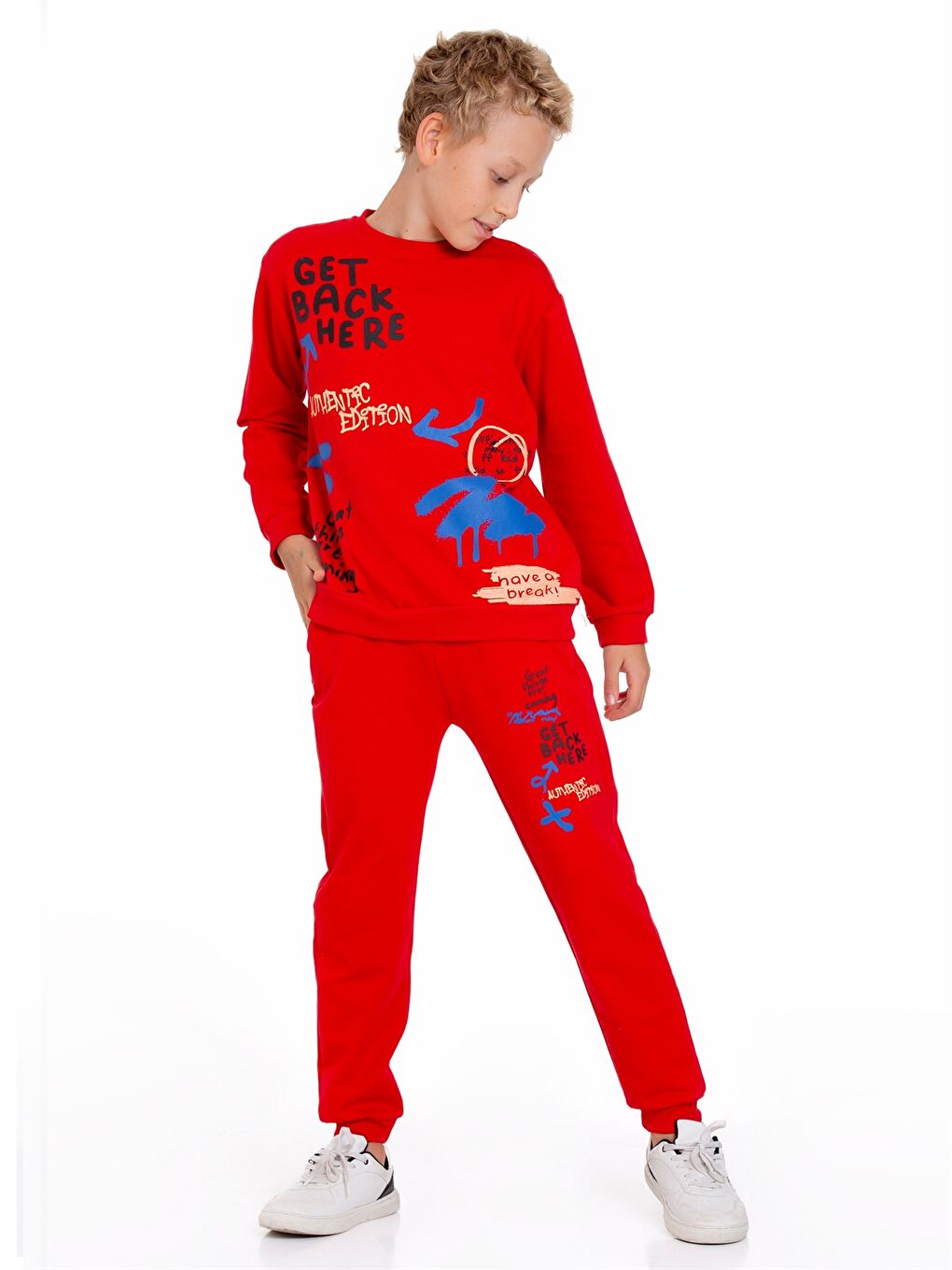 Kırmızı Bisiklet Yaka Baskılı Uzun Kollu Erkek Çocuk 2'li Takım