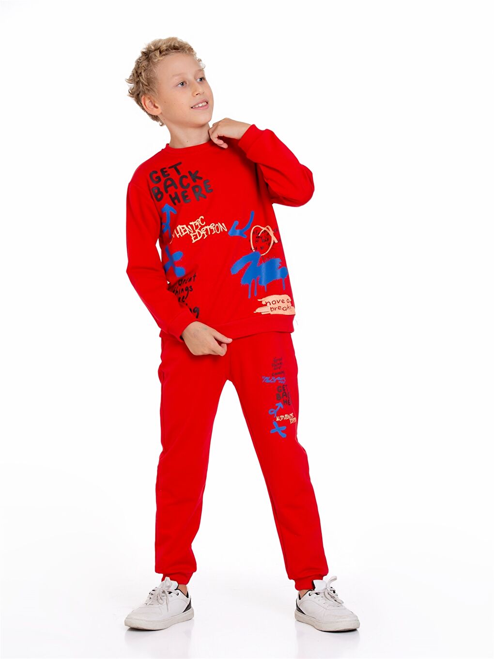Kırmızı Bisiklet Yaka Baskılı Uzun Kollu Erkek Çocuk 2'li Takım-1