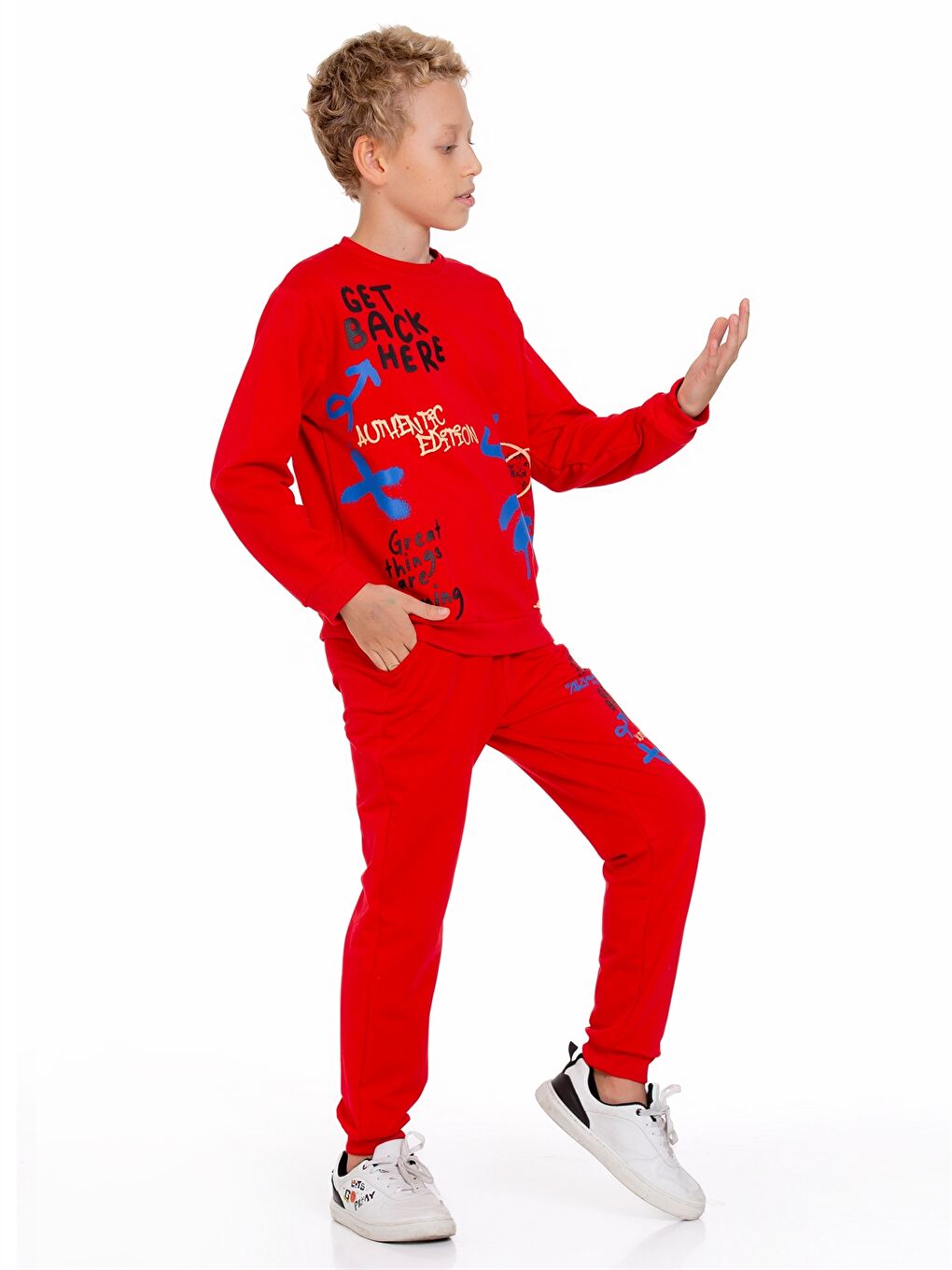 Kırmızı Bisiklet Yaka Baskılı Uzun Kollu Erkek Çocuk 2'li Takım-4