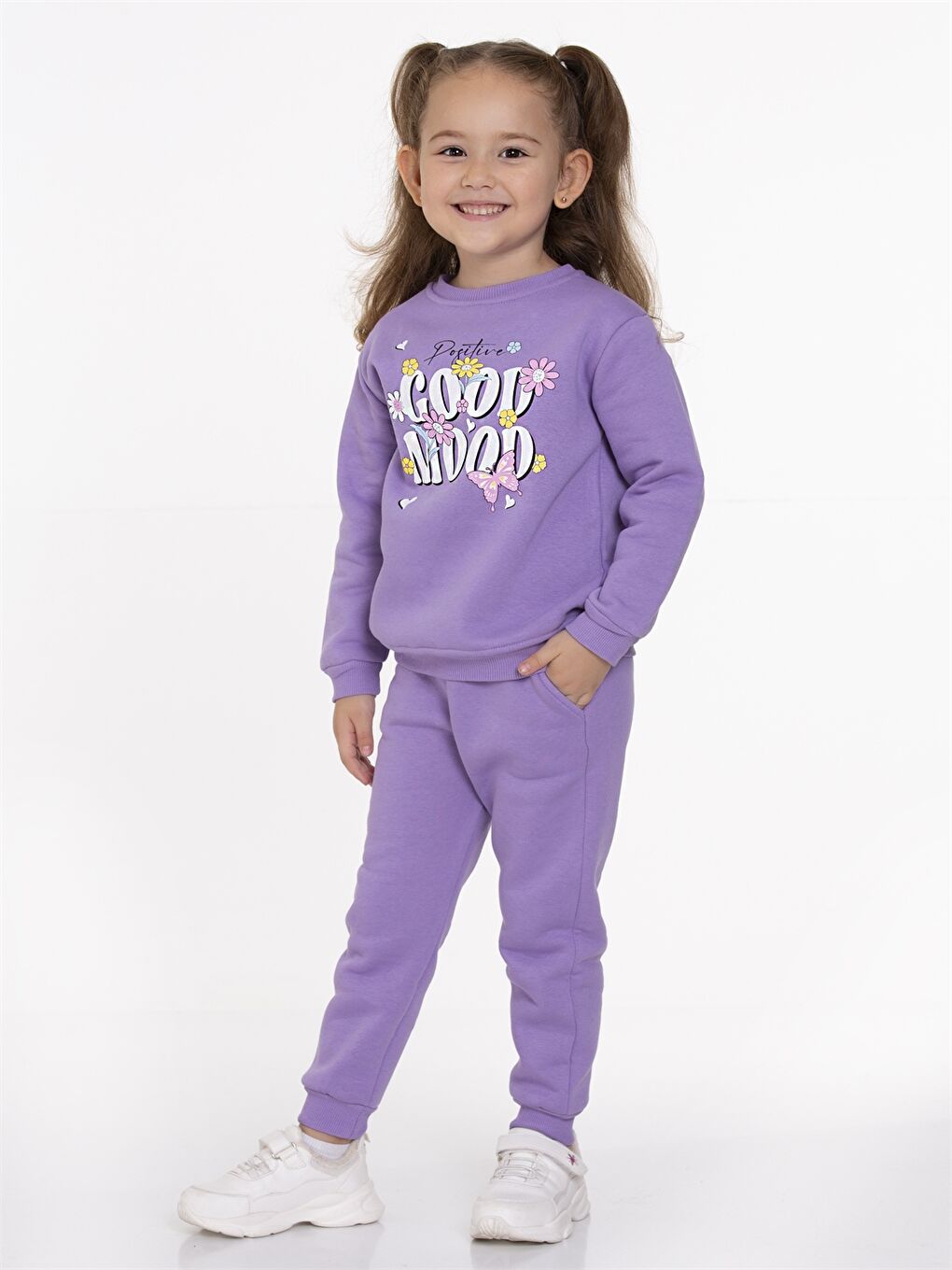 Lila Bisiklet Yaka Baskılı Uzun Kollu Kız Bebek 2'li Takım-2