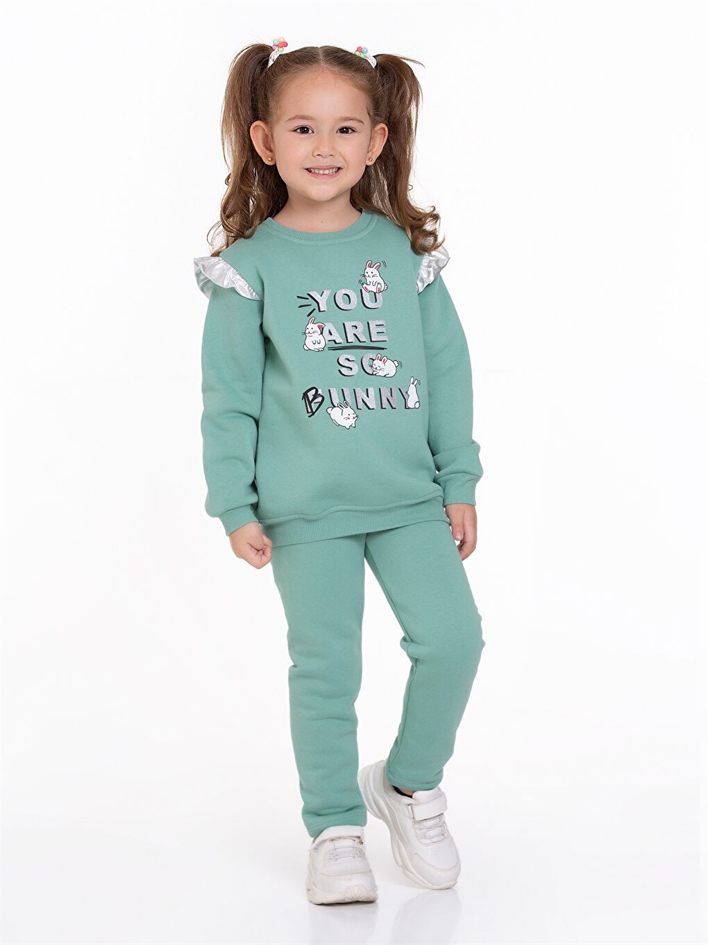 Yeşil Bisiklet Yaka Baskılı Uzun Kollu Kız Bebek 2'li Takım-1