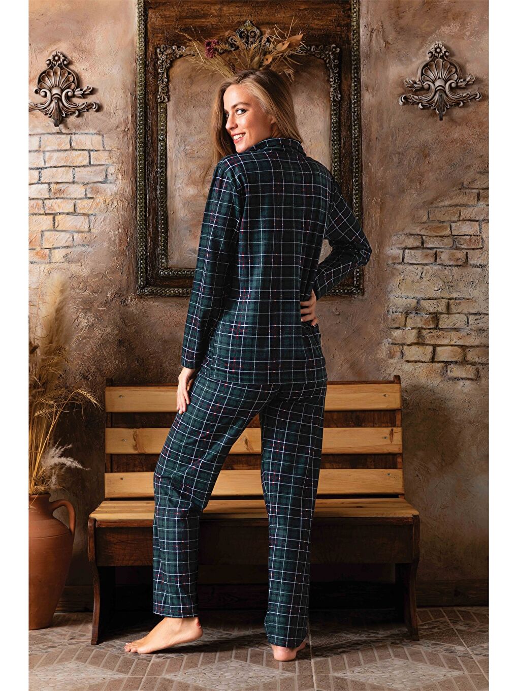 Yeşil Gömlek Yaka Kadın Pijama Takımı-1
