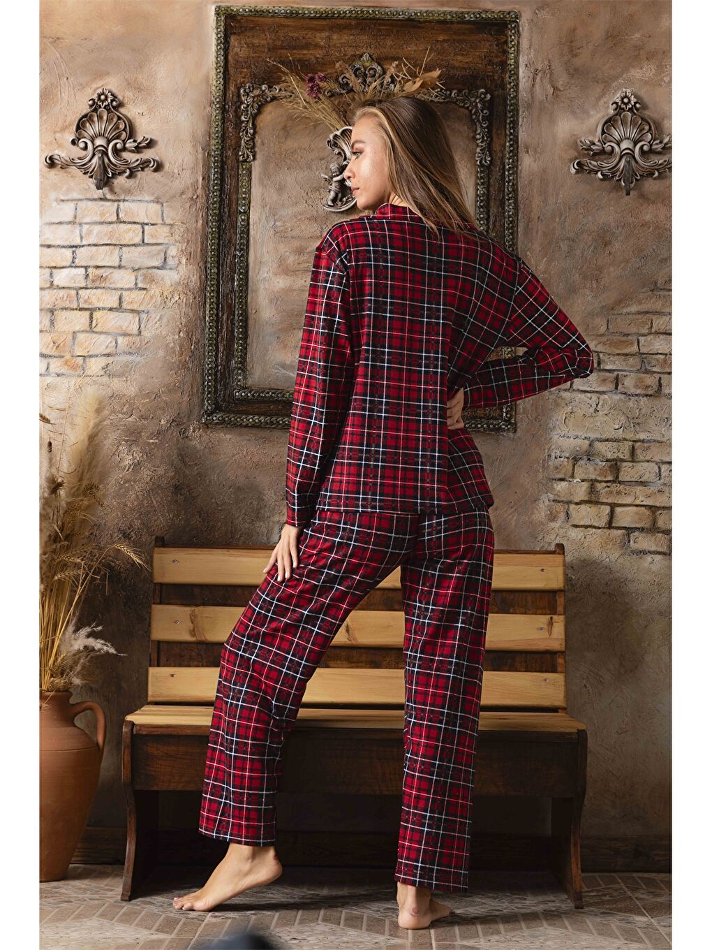 Kırmızı Gömlek Yaka Kadın Pijama Takımı-1