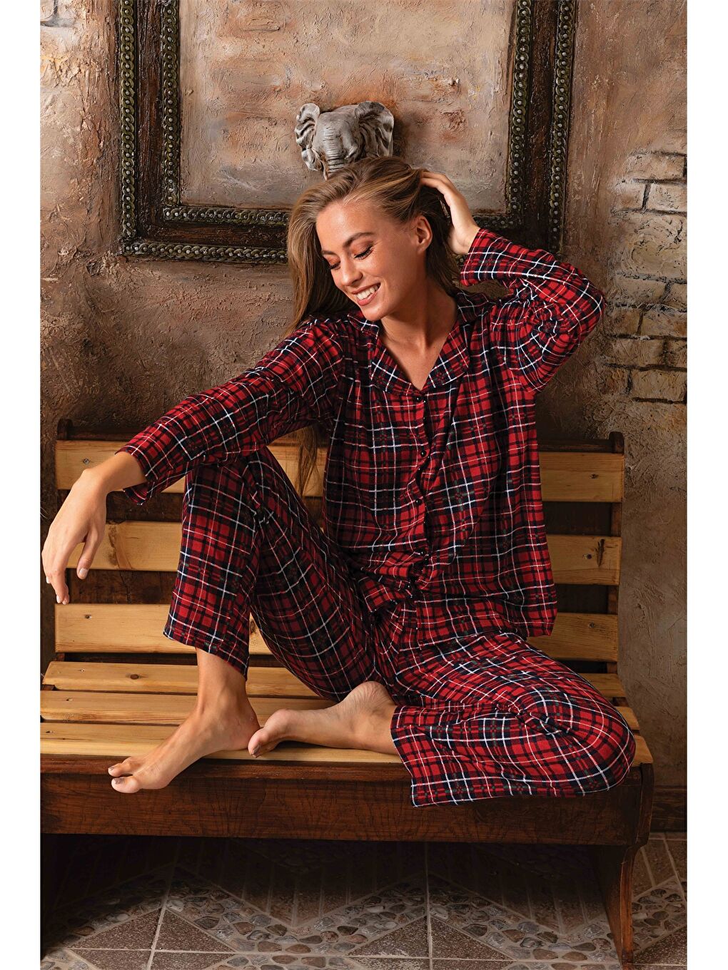 Kırmızı Gömlek Yaka Kadın Pijama Takımı-2