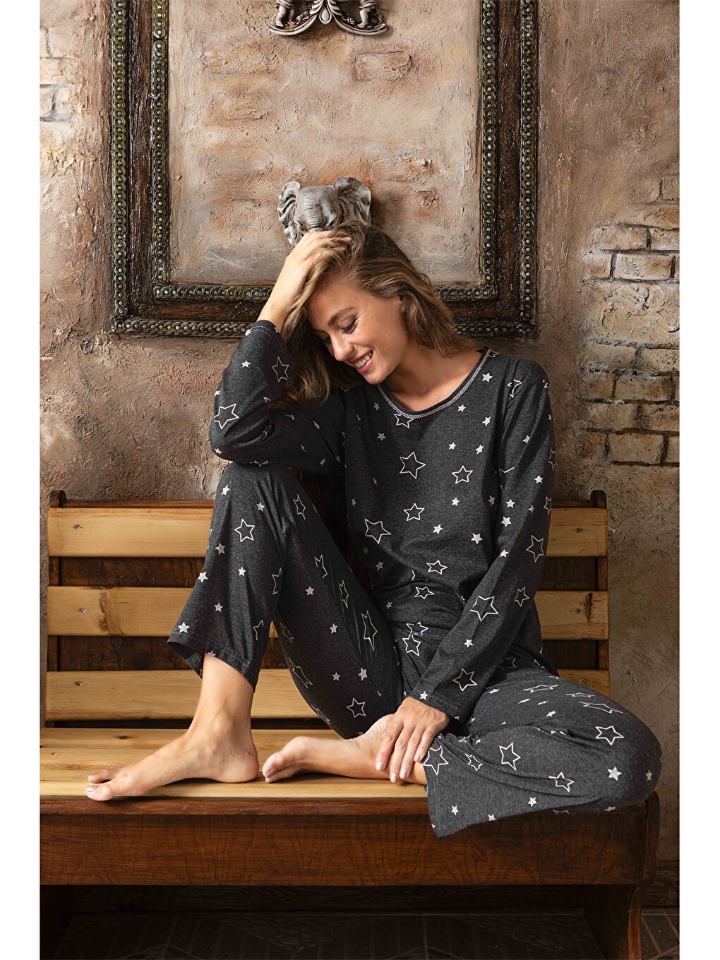 Gri Bisiklet Yaka Kadın Pijama Takım