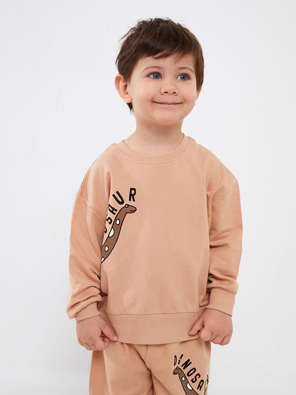 Calimera Kids Bej Bisiklet Yaka Baskılı Erkek Bebek Sweatshirt ve Eşofman Alt 2'li Takım