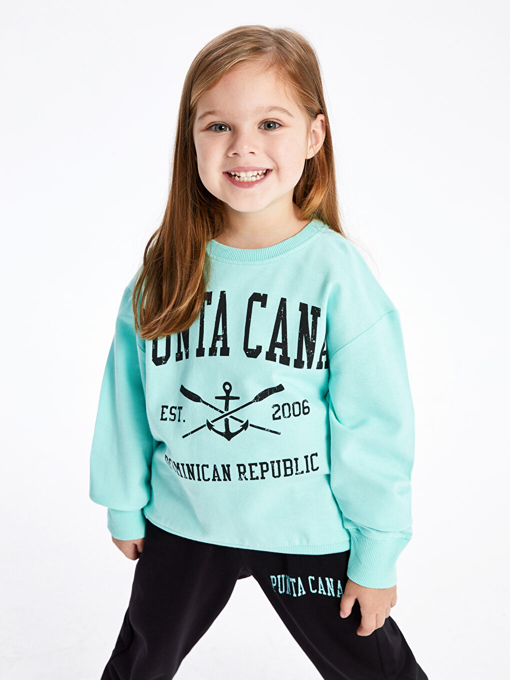 Turkuaz Bisiklet Yaka Baskılı Uzun Kollu Kız Çocuk Sweatshirt ve Eşofman Alt 2'li Takım