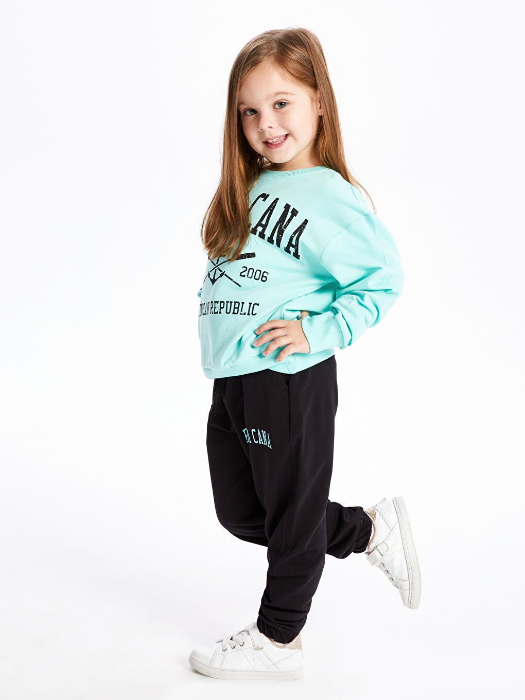 Turkuaz Bisiklet Yaka Baskılı Uzun Kollu Kız Çocuk Sweatshirt ve Eşofman Alt 2'li Takım-1