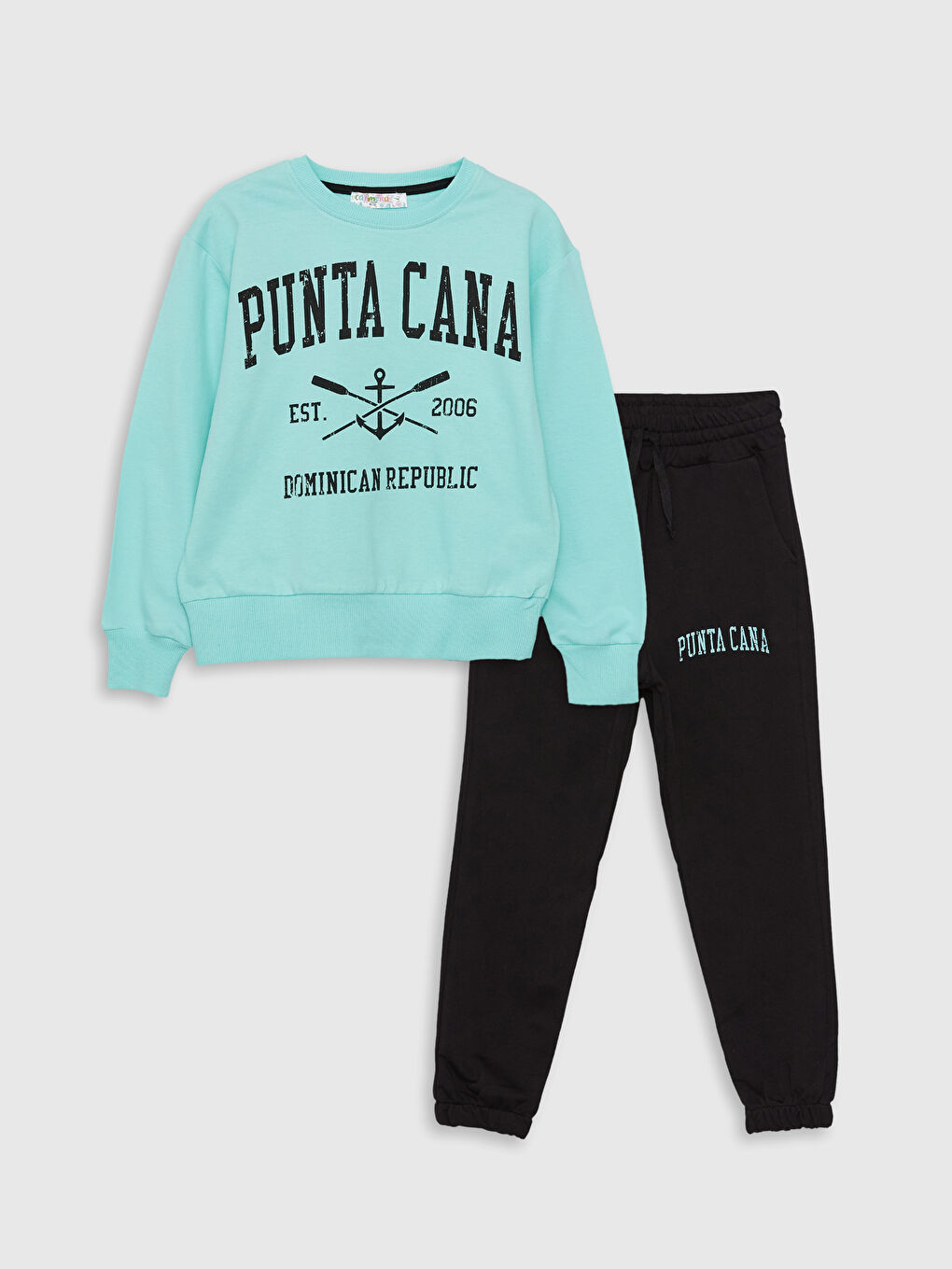 Turkuaz Bisiklet Yaka Baskılı Uzun Kollu Kız Çocuk Sweatshirt ve Eşofman Alt 2'li Takım-2