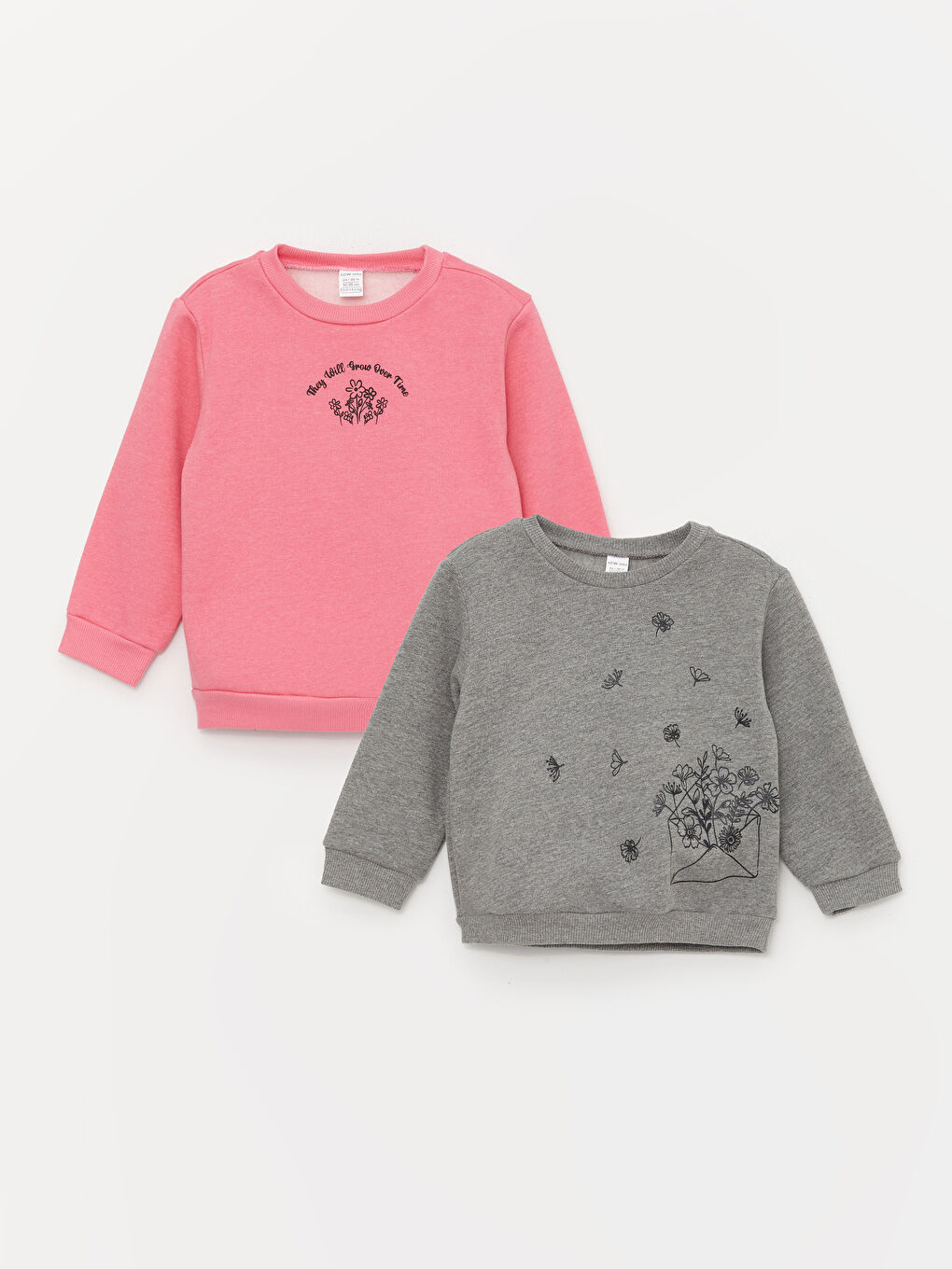 LCW baby Pembe Bisiklet Yaka Uzun Kollu Baskılı Kız Bebek Sweatshirt 2'li