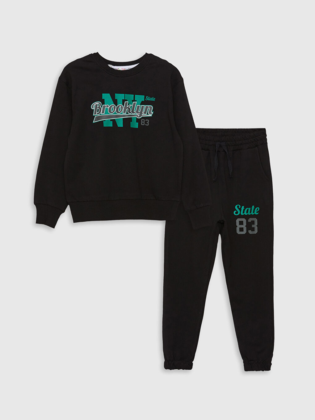 Siyah Bisiklet Yaka Baskılı Uzun Kollu Erkek Çocuk Sweatshirt ve Eşofman Alt 2'li Takım