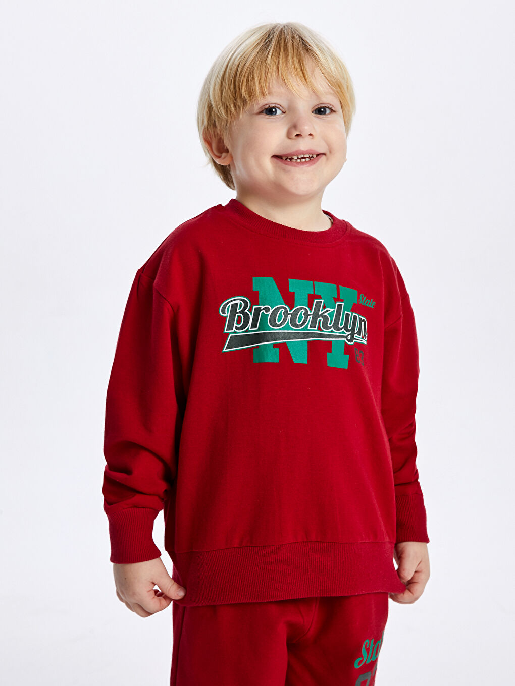 Bordo Bisiklet Yaka Baskılı Uzun Kollu Erkek Çocuk Sweatshirt ve Eşofman Alt 2'li Takım