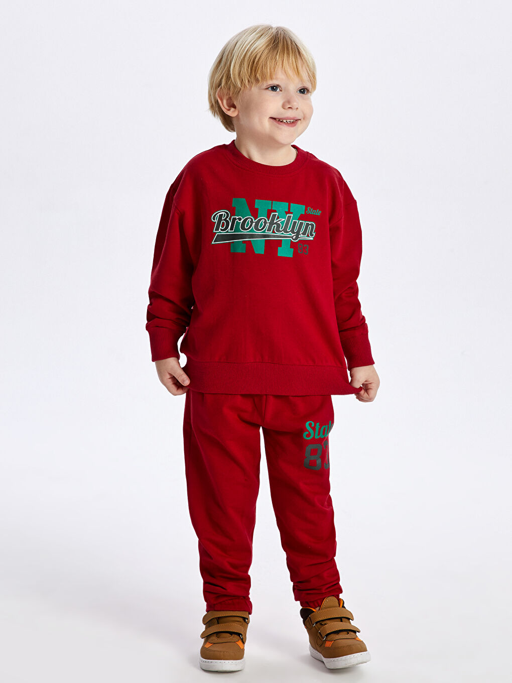 Bordo Bisiklet Yaka Baskılı Uzun Kollu Erkek Çocuk Sweatshirt ve Eşofman Alt 2'li Takım-2