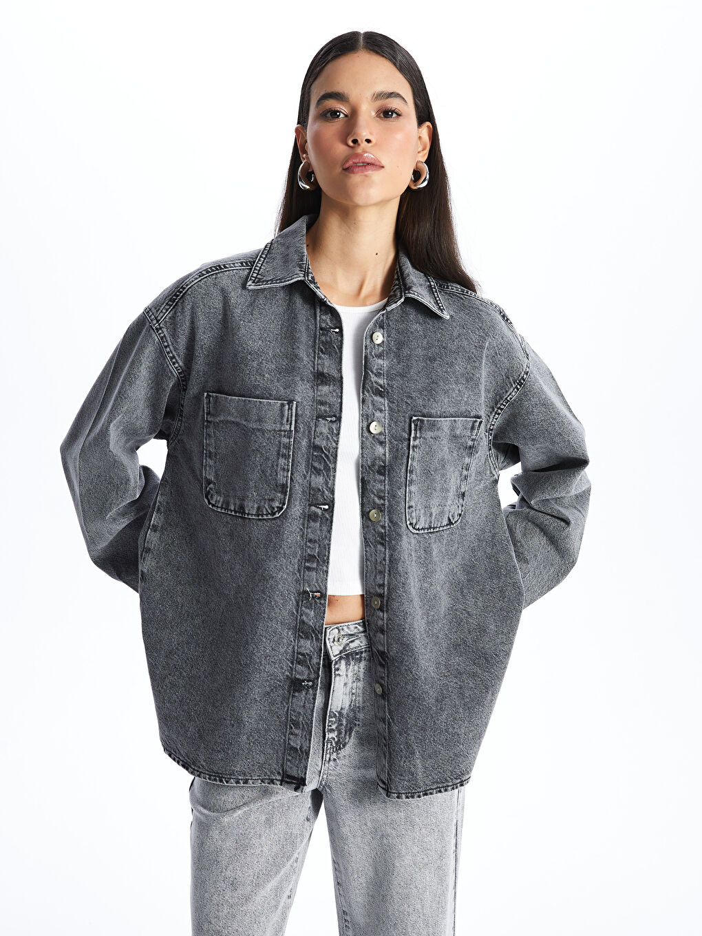 LCW Jeans Gri Rodeo Oversize Kadın Jean Gömlek Ceket