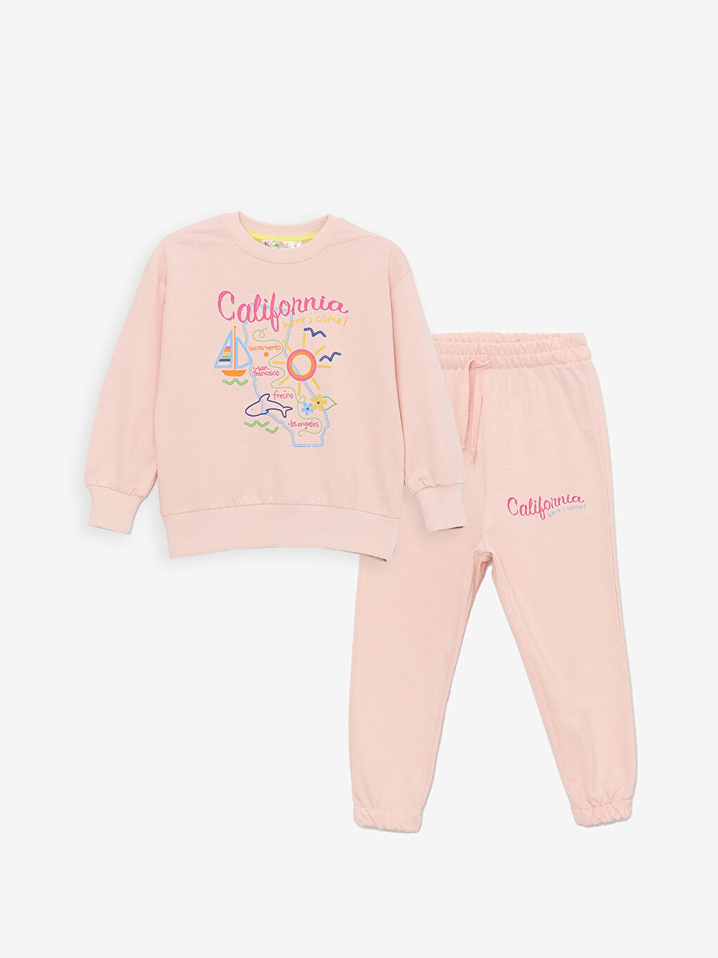 Pembe Bisiklet Yaka Baskılı Kız Bebek Sweatshirt ve Eşofman Alt 2'li Takım