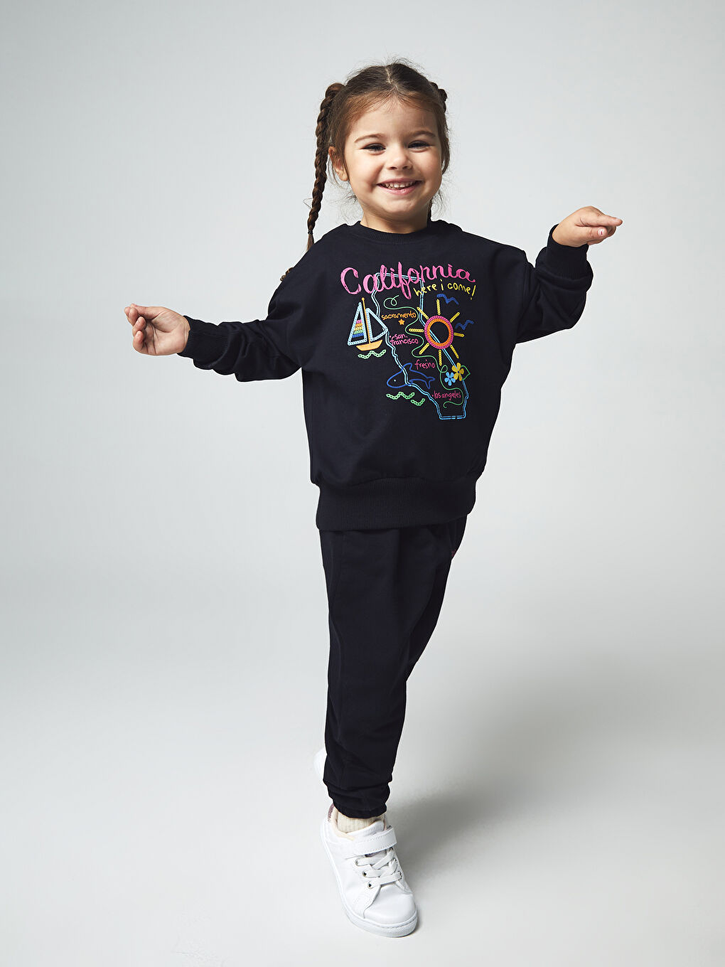 Calimera Kids Lacivert Bisiklet Yaka Baskılı Kız Bebek Sweatshirt ve Eşofman Alt 2'li Takım