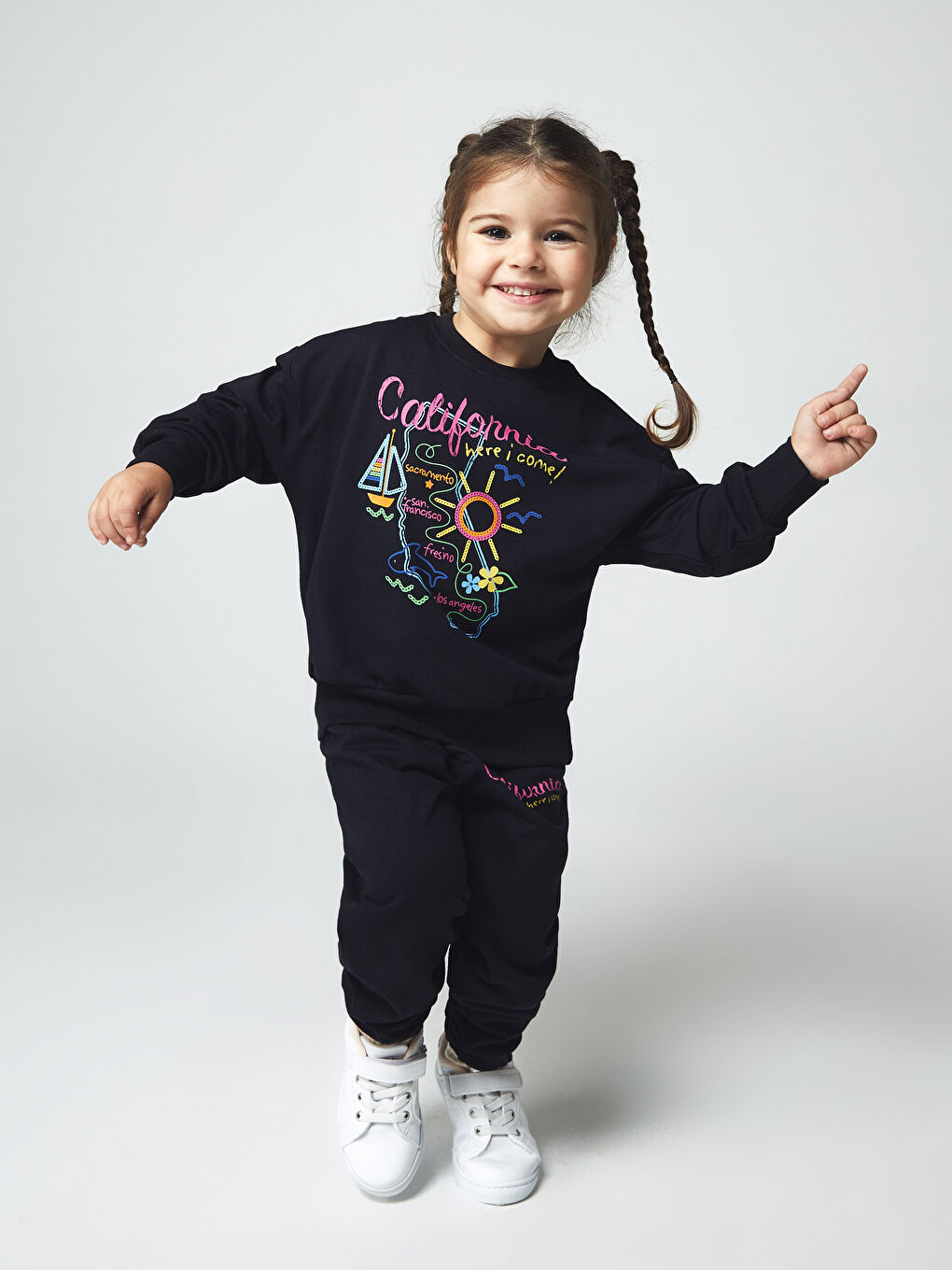 Calimera Kids Lacivert Bisiklet Yaka Baskılı Kız Bebek Sweatshirt ve Eşofman Alt 2'li Takım - 1