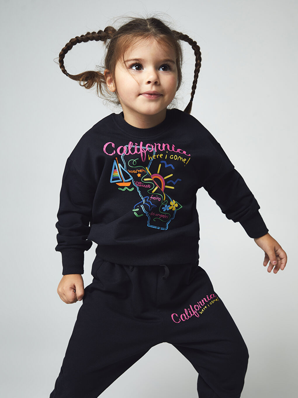 Calimera Kids Lacivert Bisiklet Yaka Baskılı Kız Bebek Sweatshirt ve Eşofman Alt 2'li Takım - 2