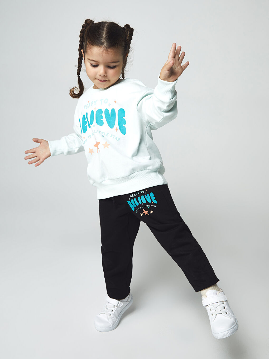 Calimera Kids Mint Yeşili Bisiklet Yaka Baskılı Kız Bebek Sweatshirt ve Eşofman Alt 2'li Takım