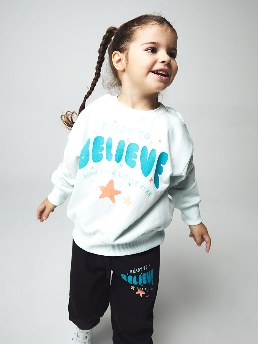 Calimera Kids Mint Yeşili Bisiklet Yaka Baskılı Kız Bebek Sweatshirt ve Eşofman Alt 2'li Takım - 1