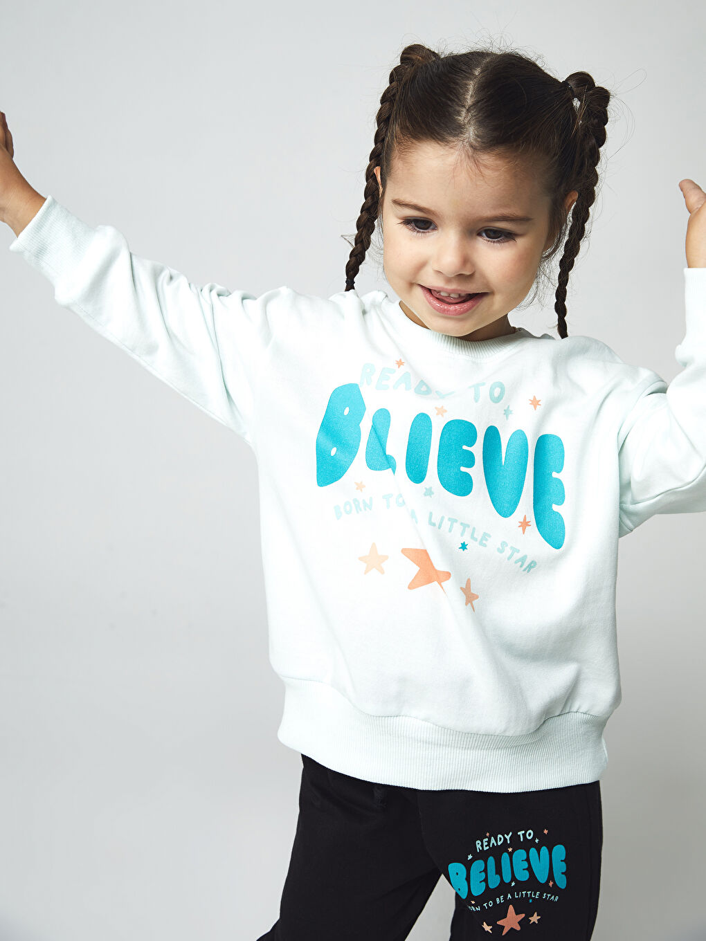 Calimera Kids Mint Yeşili Bisiklet Yaka Baskılı Kız Bebek Sweatshirt ve Eşofman Alt 2'li Takım - 3