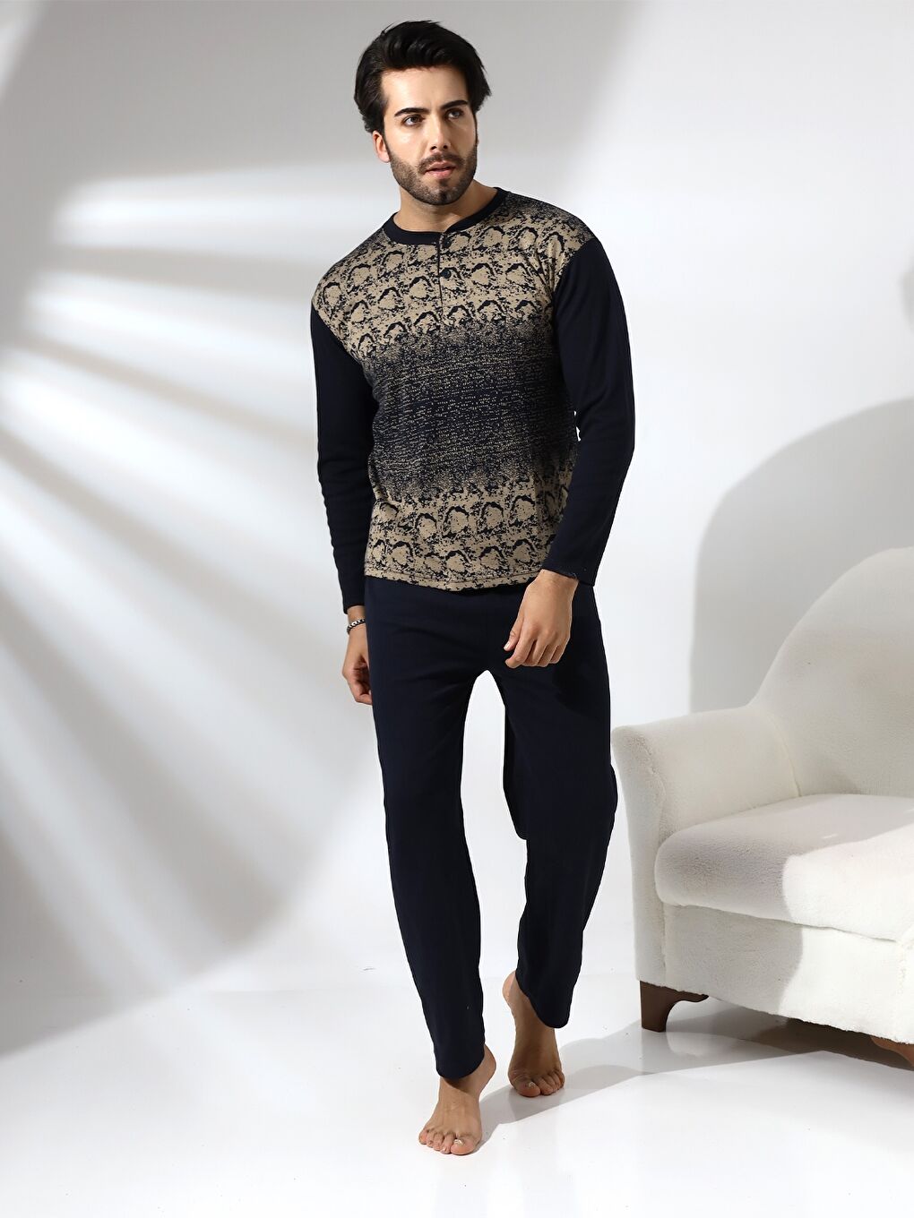 Bej Standart Kalıp Erkek Pijama Takımı