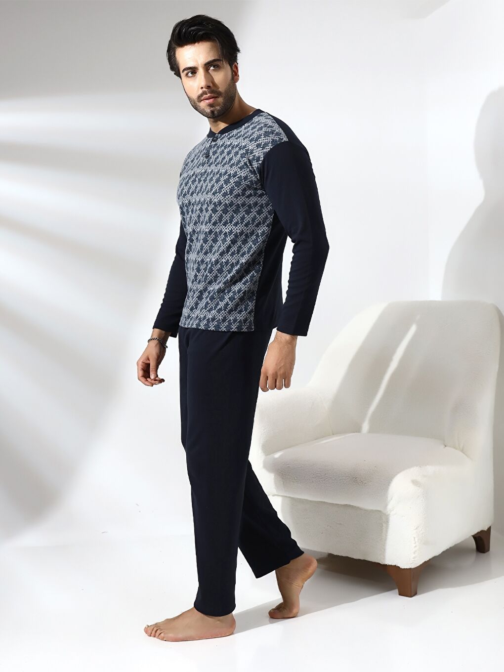 İndigo Standart Kalıp Erkek Pijama Takımı-1