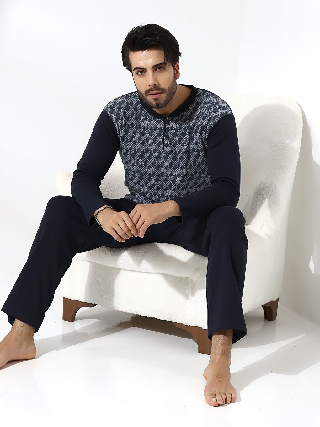 İndigo Standart Kalıp Erkek Pijama Takımı-2
