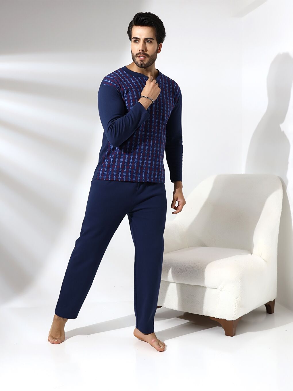 Mavi Standart Kalıp Erkek Pijama Takımı-1