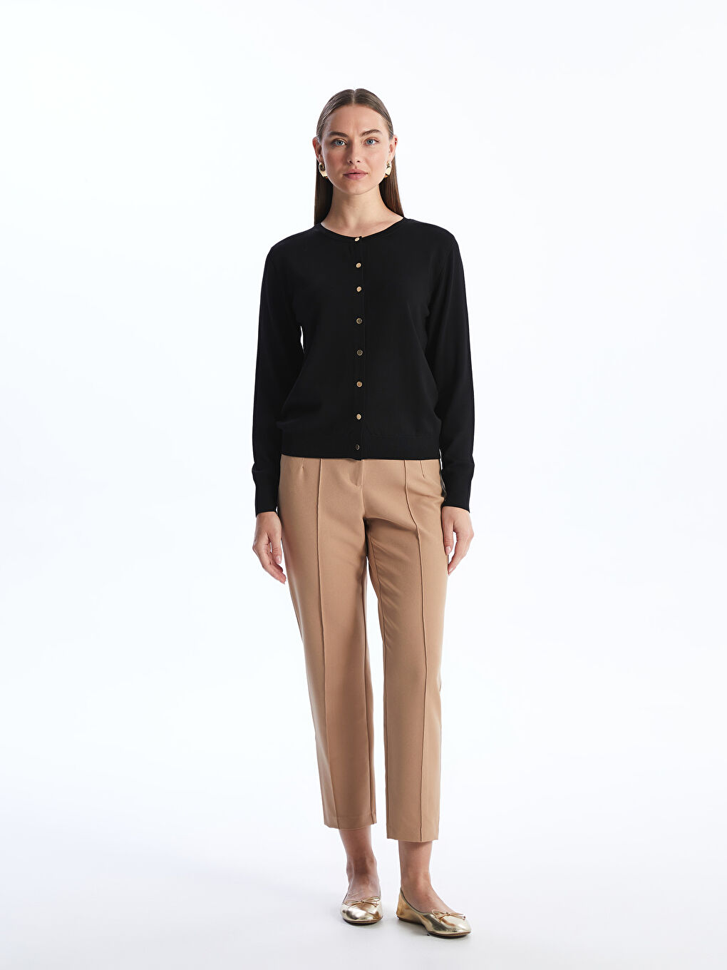 Siyah Bisiklet Yaka Düz Uzun Kollu Kadın Triko Hırka-1