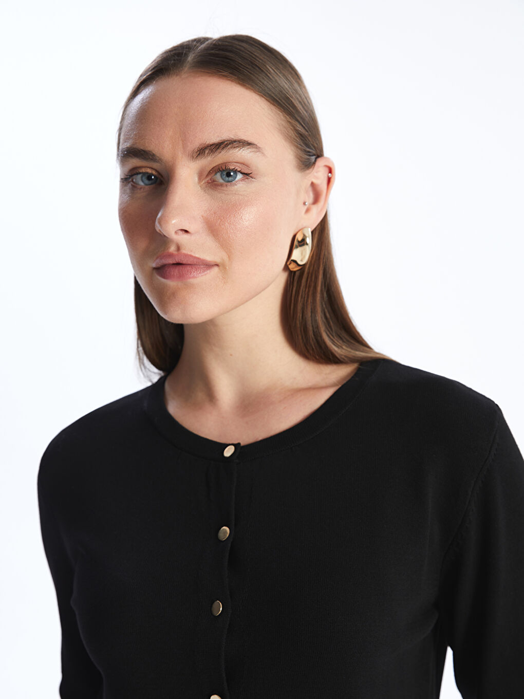 Siyah Bisiklet Yaka Düz Uzun Kollu Kadın Triko Hırka-2