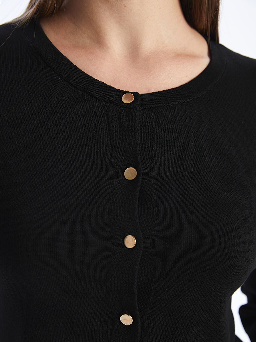 Siyah Bisiklet Yaka Düz Uzun Kollu Kadın Triko Hırka-3