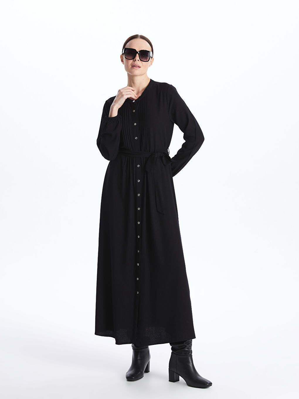 Siyah Bisiklet Yaka Düz Uzun Kollu Kadın Elbise