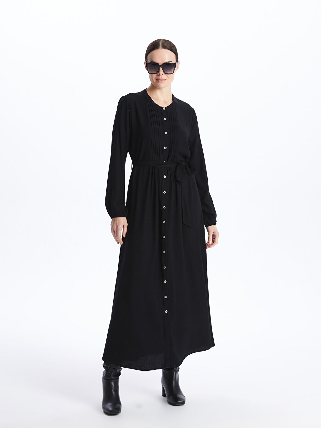 Siyah Bisiklet Yaka Düz Uzun Kollu Kadın Elbise-1