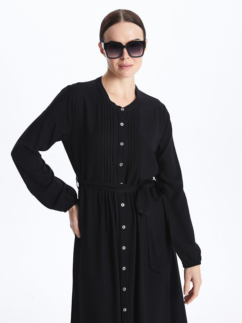 Siyah Bisiklet Yaka Düz Uzun Kollu Kadın Elbise-2