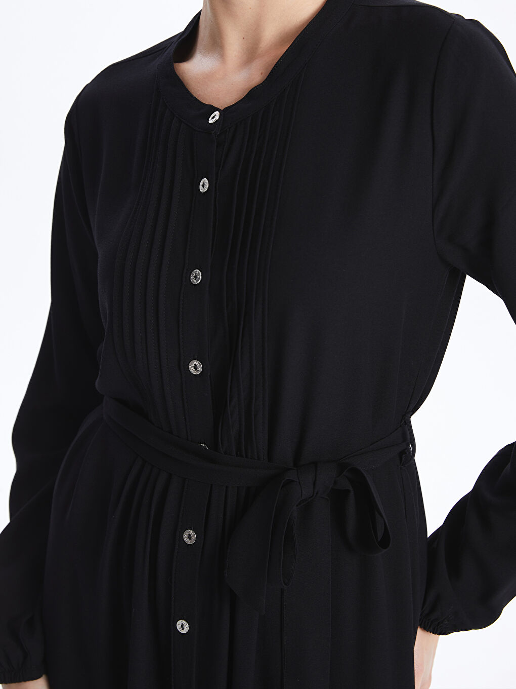 Siyah Bisiklet Yaka Düz Uzun Kollu Kadın Elbise-3