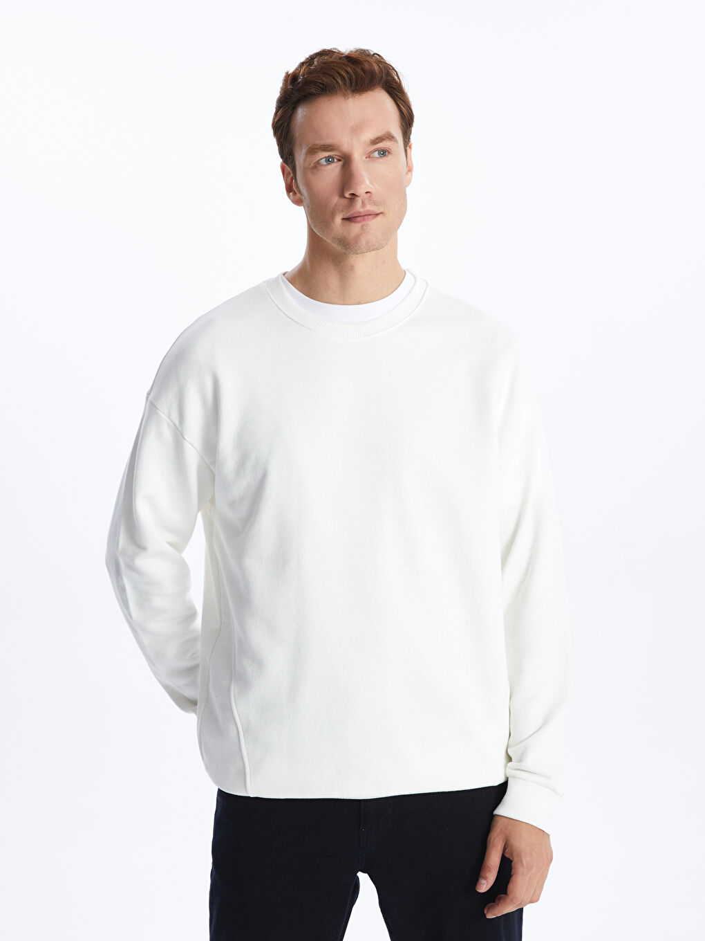 LCW ECO Ekru Bisiklet Yaka Uzun Kollu Erkek Sweatshirt